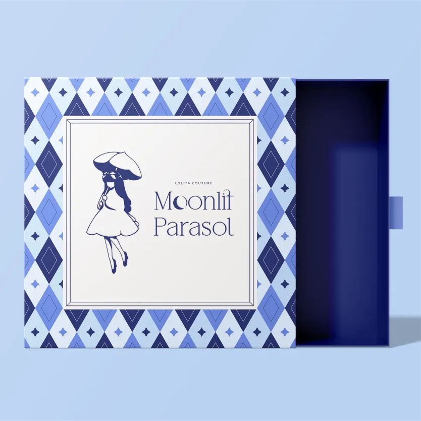 Slip Box and PAckaging with Moonlit Parasol Logo on blue background