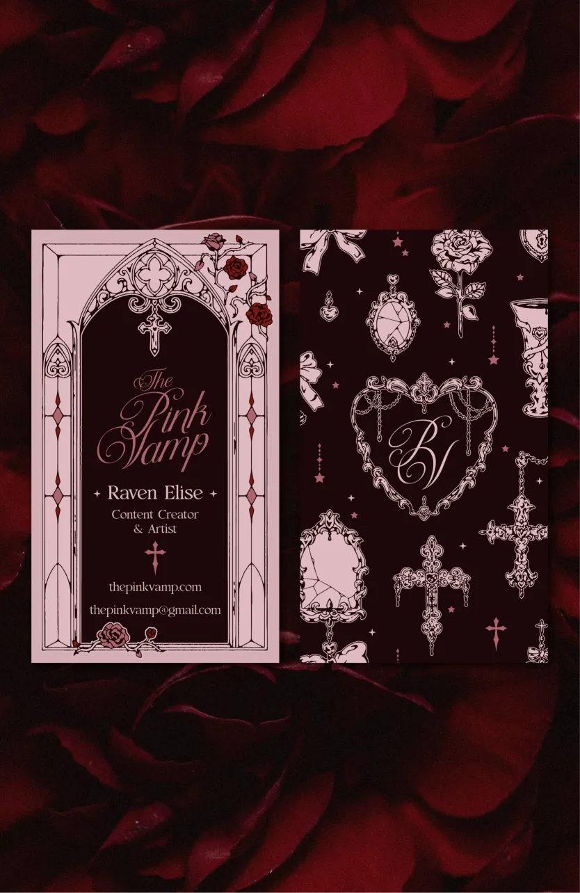 Gothic business card on a bed of roses.