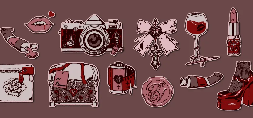 Red aesthetic collage with lipstick, heels, camera, and wine.